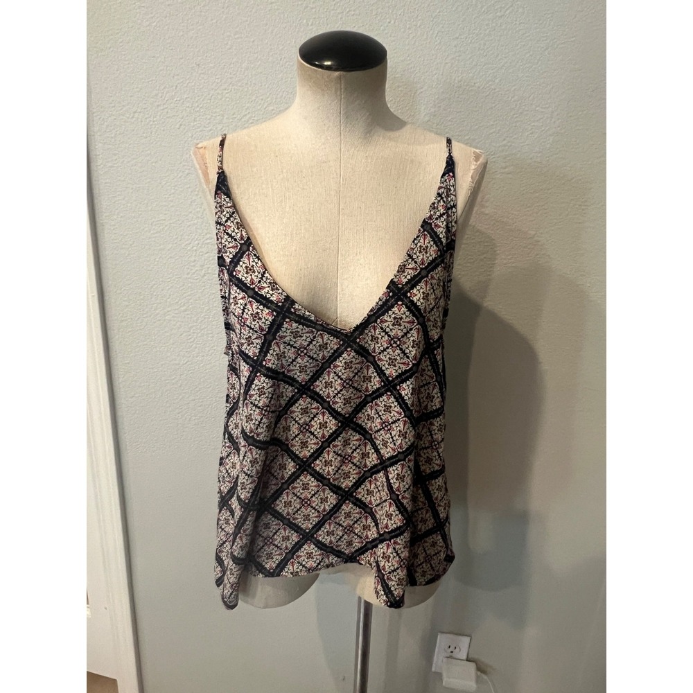 Timing Women's Small Boho Print Cami Tank Top V Neck Spaghetti Strap Navy Pink